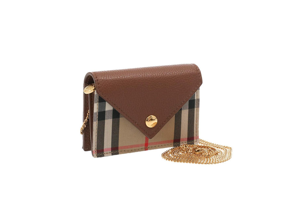Burberry 8025163 A1363 Vintage Check Leather Card Case Crossbody Mini Bag Mini Wallet Coin Case Brown