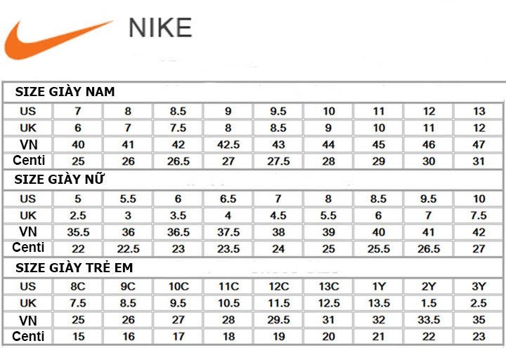 Bảng quy đổi size giày Nike nam, nữ, trẻ em chuẩn US, JP, KR